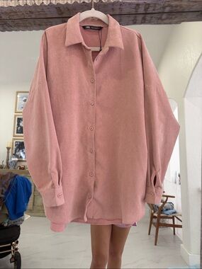 Zara Blush Pink Oversized Button-Down Corduroy Shirt